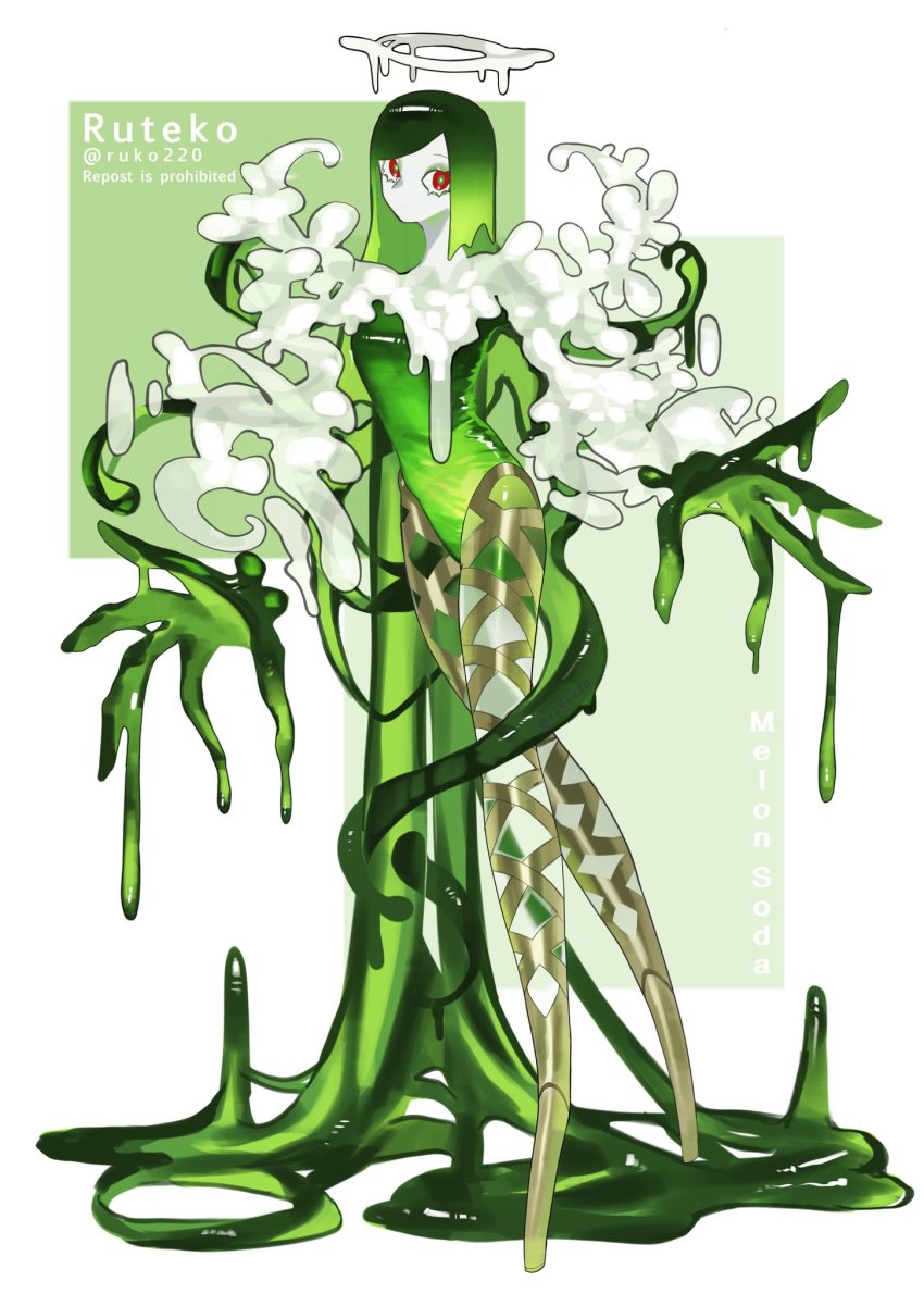 1girl colored_skin detached_arm green_hair green_leotard halo highres leotard liquid_hair liquid_halo long_hair looking_at_viewer monster_girl no_feet no_mouth original oversized_forearms oversized_limbs red_eyes ruteko_(ruko220) slime_girl solo twitter_username white_skin