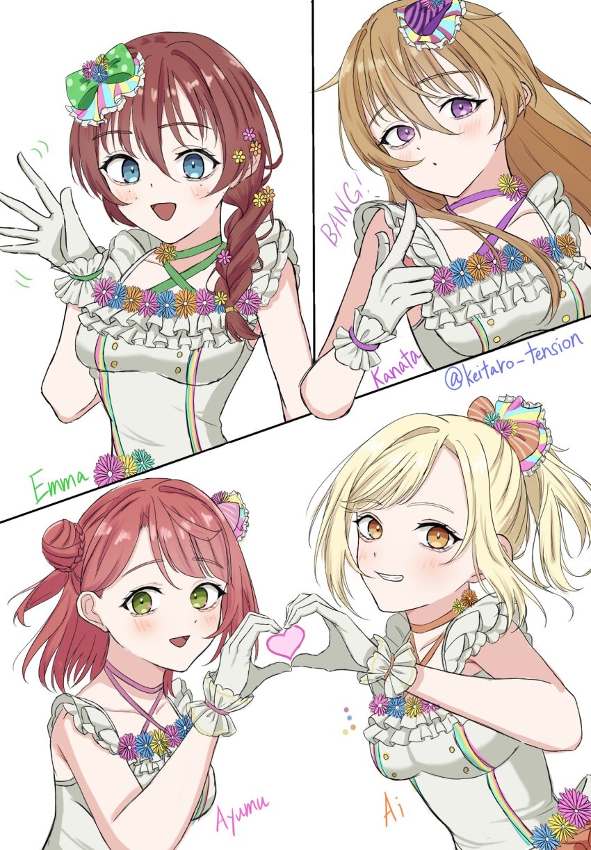 4girls :d blonde_hair blue_eyes blush bow braid breasts brown_hair bun_with_braided_base character_name closed_mouth collarbone color_guide dress emma_verde flower frilled_dress frilled_gloves frills gloves green_bow green_eyes grin hair_between_eyes hair_bow hair_bun hair_flower hair_ornament hair_over_shoulder heart heart_hands heart_hands_duo heart_in_heart_hands highres keitaro_tension konoe_kanata long_hair looking_at_viewer love_live! love_live!_nijigasaki_high_school_idol_club love_u_my_friends medium_breasts medium_hair miyashita_ai multiple_girls open_mouth orange_bow orange_eyes pink_bow pink_hair pinstripe_bow polka_dot polka_dot_bow ponytail purple_bow purple_eyes short_hair simple_background single_braid single_hair_bun sleeveless sleeveless_dress smile twitter_username uehara_ayumu waving white_background white_dress white_gloves