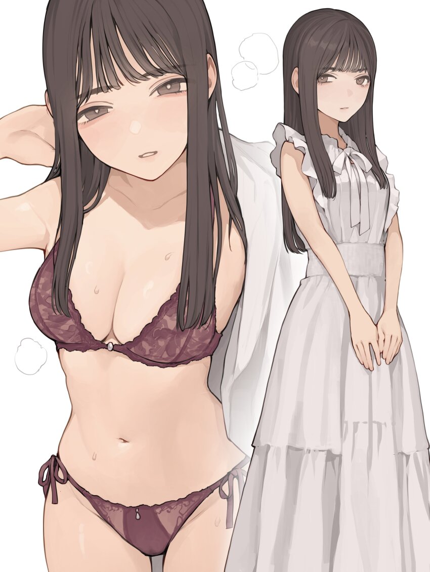 1girl absurdres bare_shoulders bra breasts brown_eyes brown_hair cleavage collarbone dress highres koh_(minagi_kou) lace_trim long_hair looking_at_viewer medium_breasts navel original panties red_bra red_panties simple_background sleeveless sleeveless_dress stomach underwear white_background white_dress