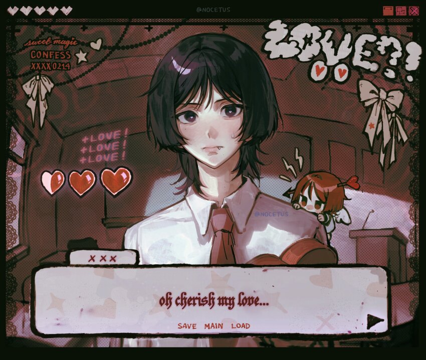 1boy alternate_costume angel_wings arrow_(projectile) arrow_in_body arrow_in_head black_hair blunt_ends blush bow bright_pupils chair chalkboard classroom closed_mouth collared_shirt contemporary desk dialogue_box fake_screenshot fang gameplay_mechanics genshin_impact heart heart-shaped_pupils highres impaled indoors jitome male_focus mini_person mini_person_on_shoulder miniboy necktie nocetus object_through_head plus_sign podium purple_eyes red_eyes red_hair red_necktie scaramouche_(genshin_impact) school_desk school_uniform shirt star_(symbol) sweatdrop symbol-shaped_pupils twitter_username white_bow white_pupils white_shirt white_wings window wings