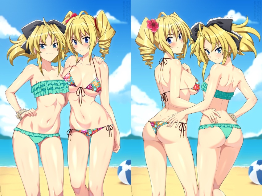 2girls ass ball beach beachball bikini blonde_hair blue_eyes bracelet butt_crack collage color_connection drill_hair female_focus flat_chest flower flower_bracelet hair_color_connection hair_flower hair_ornament hand_on_own_hip high_school_dxd highres jewelry lindaroze mittelt multiple_girls navel ravel_phenex ribbon side-tie_bikini_bottom swimsuit trait_connection two-piece