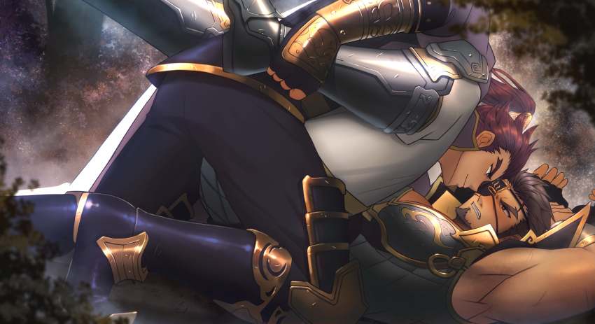 2boys absurdres armor armored_boots armpits bara blush boots breastplate bulge bulge_to_ass costume_request dark-skinned_male dark_skin eye_contact eyepatch f_jun facial_hair feet_out_of_frame goatee highres imminent_penetration long_hair long_sideburns looking_at_another lying male_focus mature_male multiple_boys muscular muscular_male on_back paid_reward_available pectoral_cleavage pectorals ponytail red_hair short_hair sideburns sleeveless spread_legs thighs three_kingdoms_fantasy_continent xiahou_dun xiahou_yuan yaoi