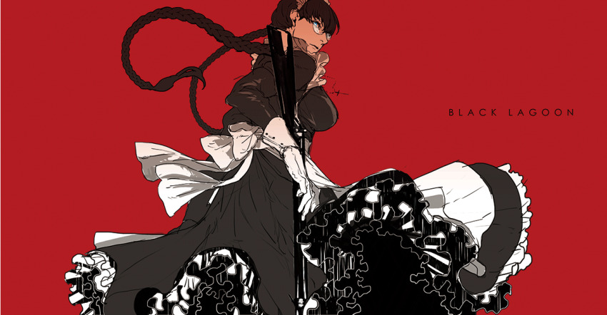 1girl apron black_dress black_hair black_lagoon braid dress gun holding holding_gun holding_weapon long_hair looking_up maid npn roberta_(black_lagoon) solo twin_braids weapon
