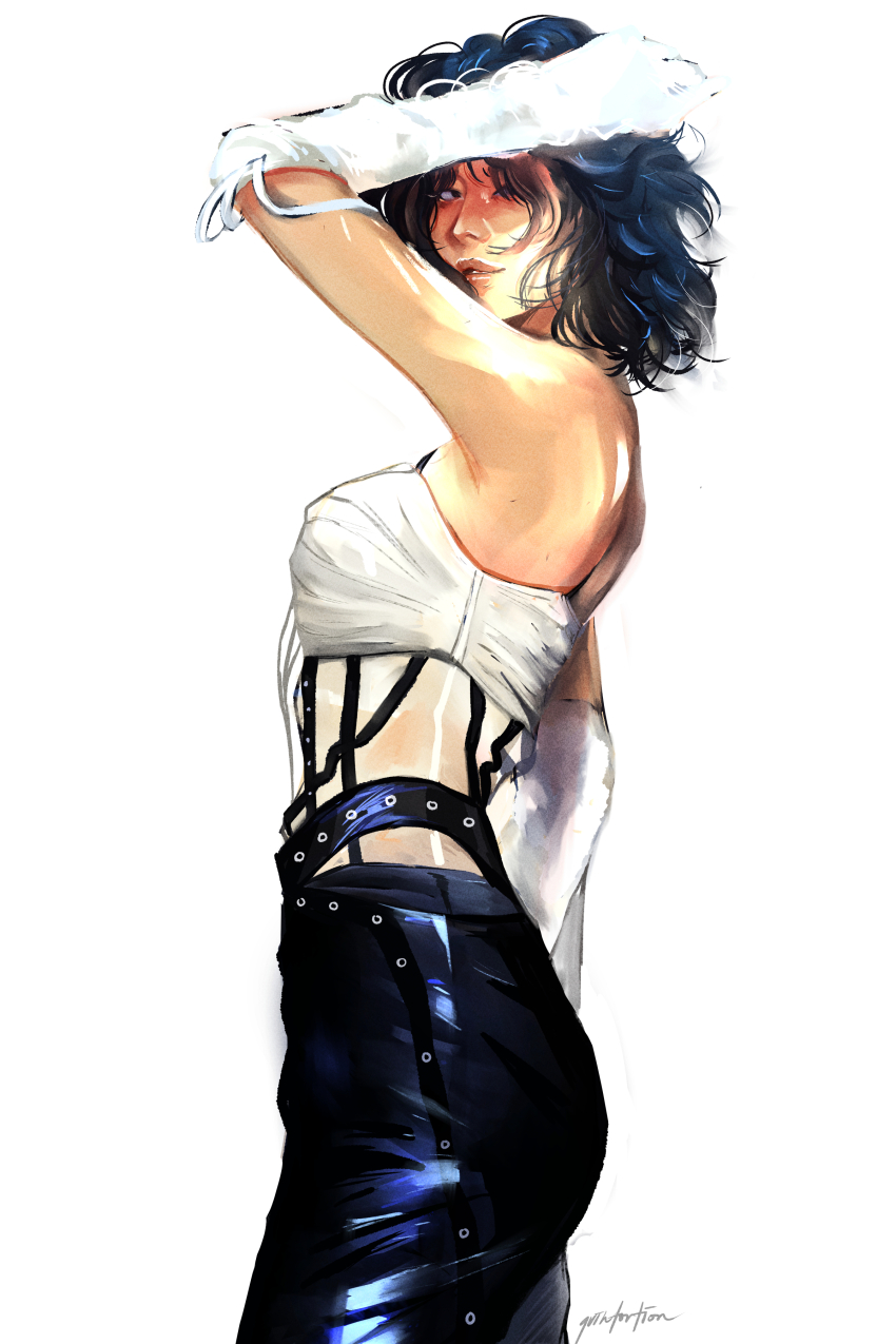 1girl absurdres blue_hair blue_pants cowboy_shot elbow_gloves gloves hashtag-only_commentary highres k-pop medium_hair pants parted_lips profile quintortion real_life red_velvet_(group) seulgi_(red_velvet) signature simple_background solo white_background white_gloves