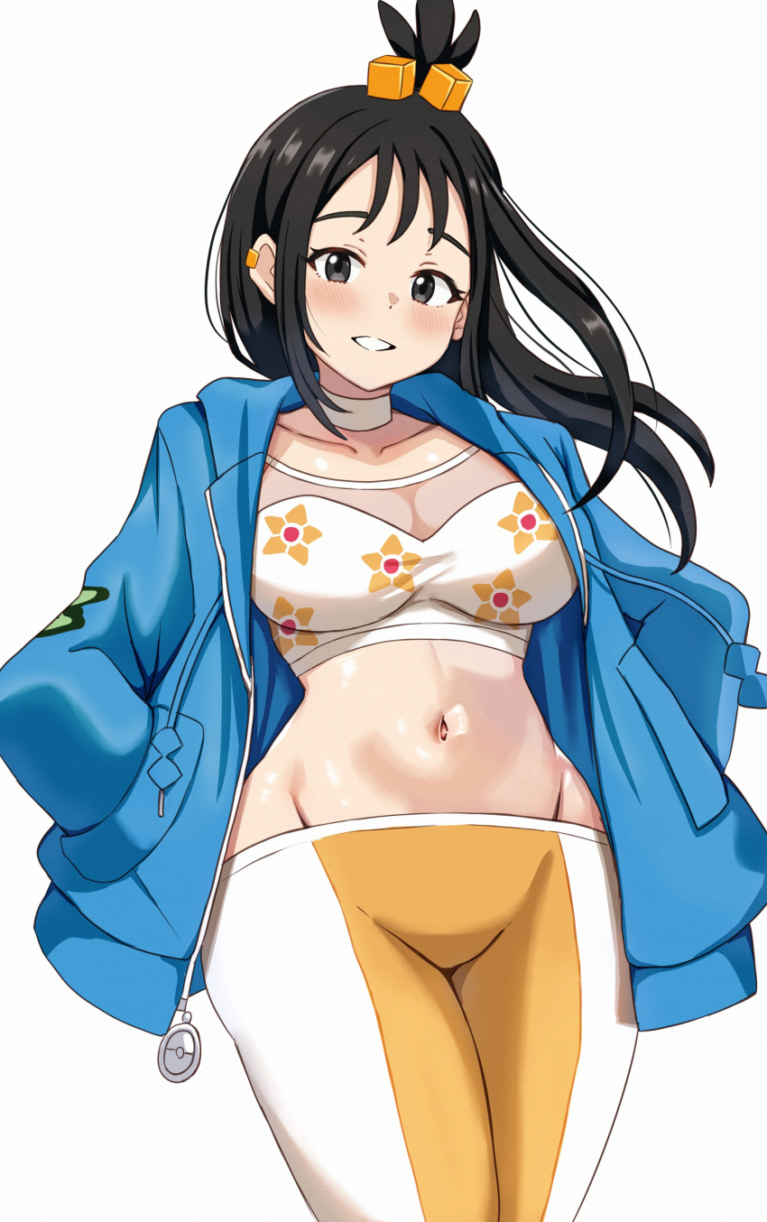 1girl absurdres black_hair blue_jacket blush breasts choker collarbone highres jacket large_breasts lida_(pokemon) long_hair looking_at_viewer midriff navel nintendo nootomo open_clothes open_jacket orange_pants pants pokemon pokemon_legends:_z-a simple_background solo two-tone_pants white_background white_choker white_pants