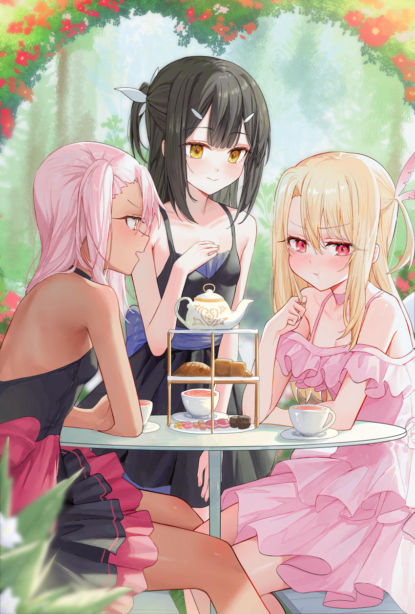 3girls absurdres black_dress black_hair breasts candy chloe_von_einzbern cleavage commentary_request cup dark-skinned_female dark_skin dress fate/kaleid_liner_prisma_illya fate_(series) food highres illyasviel_von_einzbern kaze_22 korean_commentary long_hair miyu_edelfelt multiple_girls on_chair pink_dress pink_hair pout red_eyes side_ponytail sidelocks sitting small_breasts table tea tea_party teacup teapot twirling_hair two_side_up white_hair yellow_eyes