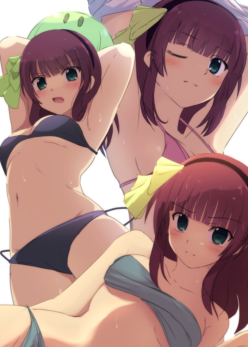 1girl absurdres angel_beats! belly bikini blush bow clannad commentary_request dango_daikazoku green_eyes hair_bow hairband highres lelie_(lelie_link) looking_at_viewer medium_hair nakamura_yuri navel open_mouth purple_hair solo swimsuit