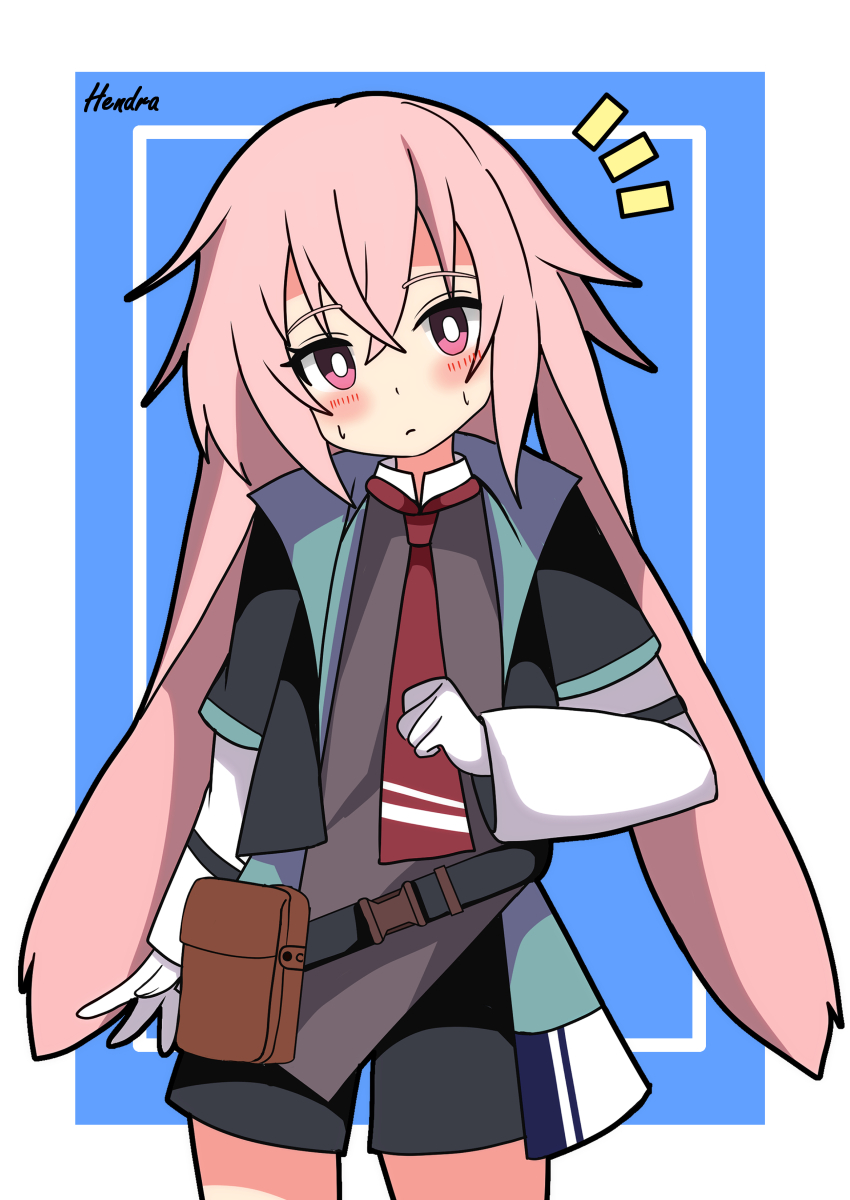 1boy absurdres animal_ears ansel_(arknights) arknights belt black_jacket black_shorts blue_background blush border bright_pupils commentary_request cowboy_shot gloves grey_shirt head_tilt hendra highres inset_border jacket long_hair long_sleeves looking_at_viewer lop_rabbit_ears male_focus necktie pink_eyes pink_hair pouch rabbit_ears red_necktie shirt shorts signature simple_background solo sweat undershirt white_gloves white_pupils white_shirt