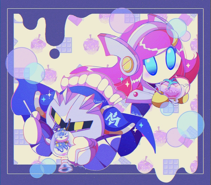 1boy 1girl absurdres armor blue_eyes cup food fukkatsu_no_maya gem_apple gloves hair_ornament hairclip highres holding holding_cup kirby:_planet_robobot kirby_(series) mask meta_knight nintendo parfait pauldrons pink_hair rayman_limbs shoulder_armor sparkle susie_(kirby) yellow_eyes yellow_gloves