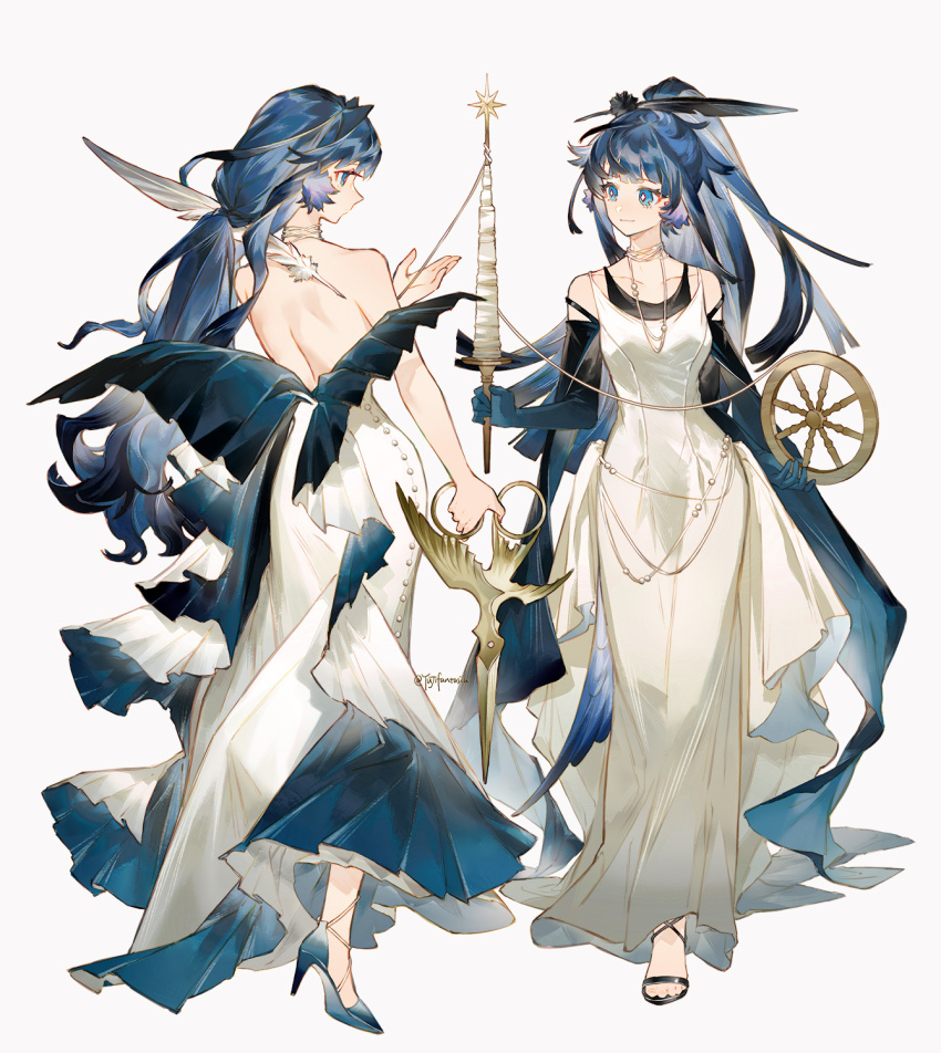 2girls alternate_costume arknights artist_name astesia_(arknights) astgenne_(arknights) backless_dress backless_outfit black_footwear blue_eyes blue_footwear blue_hair bright_pupils chinese_commentary commentary_request dress facing_away feather_hair feathers frown full_body high_heels highres jewelry light_smile long_hair multiple_girls necklace oversized_object ponytail sandals scissors shawl siblings sidelocks simple_background sisters spinning_wheel thread white_background white_dress white_pupils yuji_(fantasia)