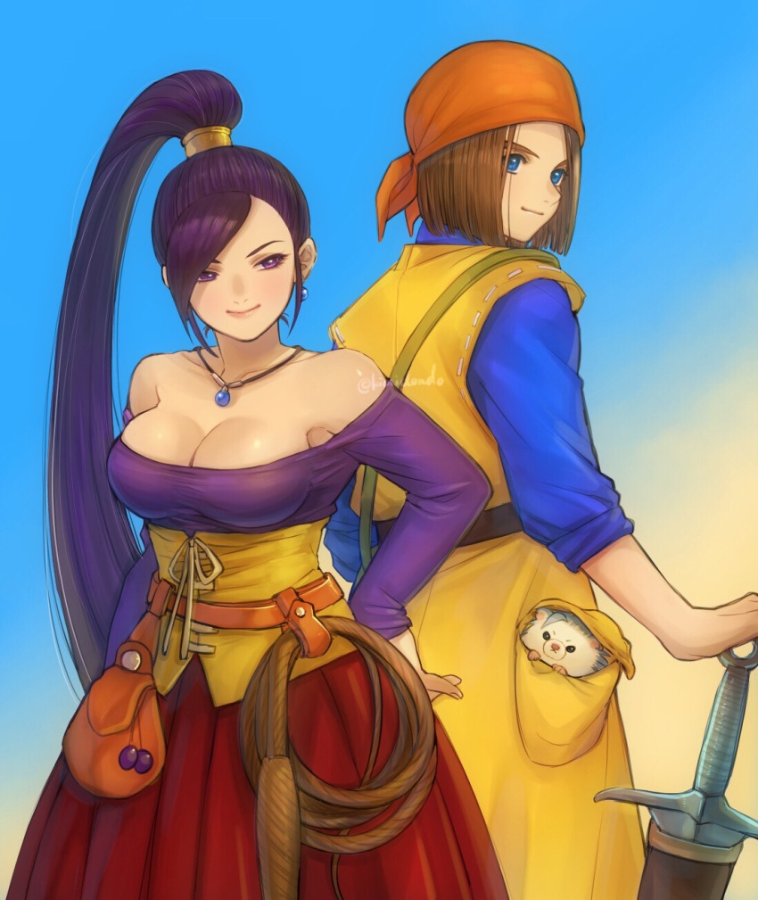 1boy 1girl 1other animal animal_request back-to-back bandana blue_eyes blue_shirt breasts brown_hair cleavage commentary_request cosplay dragon_quest dragon_quest_viii dragon_quest_xi dress earrings gradient_background hand_on_own_hip hero_(dq11) hero_(dq8) hero_(dq8)_(cosplay) high_ponytail highres in-franchise_crossover jessica_albert jessica_albert_(cosplay) jewelry kimidori_(kimidoriri) large_breasts looking_to_the_side martina_(dq11) medium_hair necklace off-shoulder_shirt off_shoulder official_alternate_costume orange_bandana planted planted_sword planted_weapon ponytail purple_eyes purple_hair red_skirt shirt skirt sleeves_rolled_up smile sphere_earrings sword weapon whip white_fur yellow_corset
