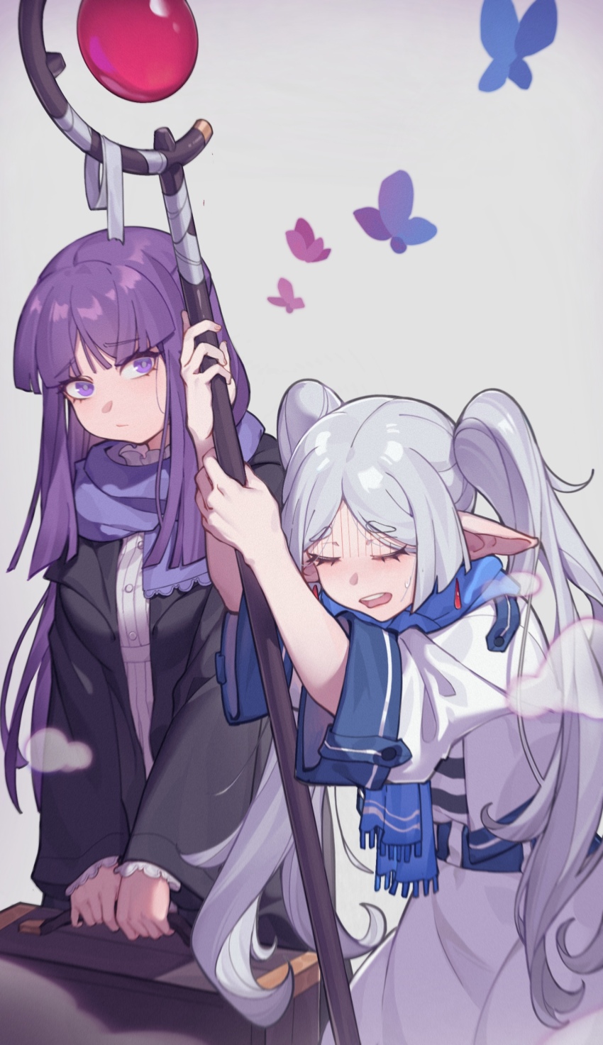 2girls absurdres black_robe blue_scarf breasts bug butterfly dress earrings elf fern_(sousou_no_frieren) frieren grey_background highres holding holding_staff holding_suitcase insect jewelry large_breasts multiple_girls open_mouth pointy_ears purple_eyes purple_hair purple_scarf robe scarf sousou_no_frieren staff suitcase teeth thick_eyebrows too_many too_many_butterflies twintails upper_teeth_only white_dress white_hair white_robe yuk233