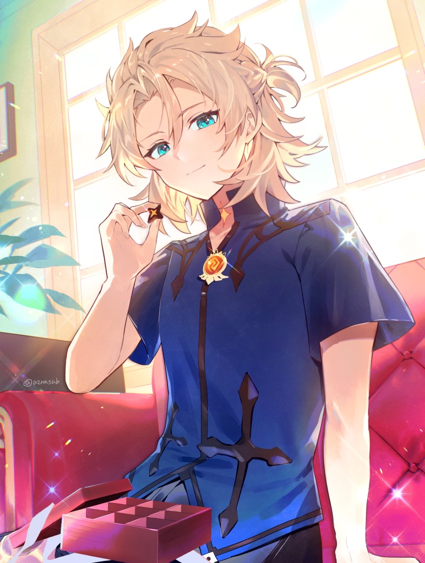 1boy absurdres albedo_(genshin_impact) aqua_eyes artist_name azna blonde_hair bloom blue_shirt box box_of_chocolates chocolate closed_mouth collarbone couch fingernails food gem genshin_impact hair_between_eyes hand_up highres holding holding_chocolate holding_food indoors looking_at_viewer male_focus mandarin_collar on_couch orange_gemstone picture_frame plant scar shirt short_hair short_sleeves sitting smile solo sparkle valentine vision_(genshin_impact) window