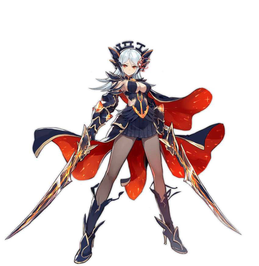 1girl ark_order black_boots black_dress black_gloves black_thighhighs boots breasts center_opening cleavage clothing_cutout detached_sleeves dress dual_wielding floating floating_object floating_sword floating_weapon flower full_body garter_straps gloves hades_(ark_order) hair_flower hair_ornament headpiece high_heel_boots high_heels highres holding holding_sword holding_weapon kzhu large_breasts long_hair long_sleeves looking_at_viewer official_art pantyhose puffy_long_sleeves puffy_sleeves red_eyes side_cutout sidelocks solo spider_lily sword tachi-e thighhighs transparent_background weapon white_hair