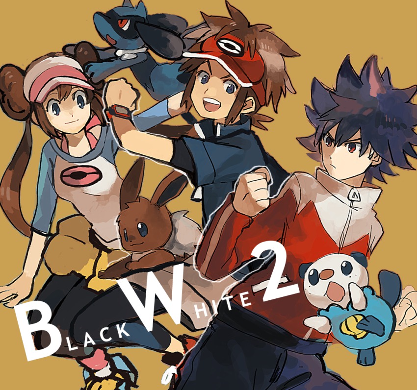 10s 1girl 2boys bad_id bad_tumblr_id black_leggings black_pantyhose blue_eyes blue_hair brown_background brown_hair copyright_name donut_hair_bun double_bun eevee gen_1_pokemon gen_4_pokemon gen_5_pokemon hair_bun hugh_(pokemon) jacket leggings long_hair multiple_boys nate_(pokemon) nintendo open_mouth oshawott pantyhose pokemon pokemon_(creature) pokemon_bw2 raglan_sleeves riolu rosa_(pokemon) sanigo twintails visor_cap