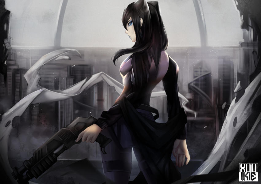 1girl absurdres belt black_belt black_hair blue_eyes blue_eyeshadow blue_lips ergo_proxy eyeliner eyeshadow finger_on_trigger from_behind gun highres holding holding_gun holding_weapon lipstick long_hair long_sleeves looking_at_viewer makeup off_shoulder pale_skin pants pump_action purple_pants re-l_mayer shotgun solo watermark weapon xuuikie_ashe