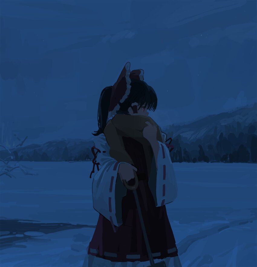 1girl adjusting_scarf black_hair bow cloud cloudy_sky dark frilled_bow frilled_hair_tubes frills hair_bow hair_tubes hakurei_reimu highres holding holding_shovel looking_to_the_side outdoors ponytail profile red_bow red_skirt reisende1969 ribbon-trimmed_sleeves ribbon_trim scarf scarf_over_mouth shovel skirt skirt_set sky snow solo touhou wide_sleeves winter yellow_scarf