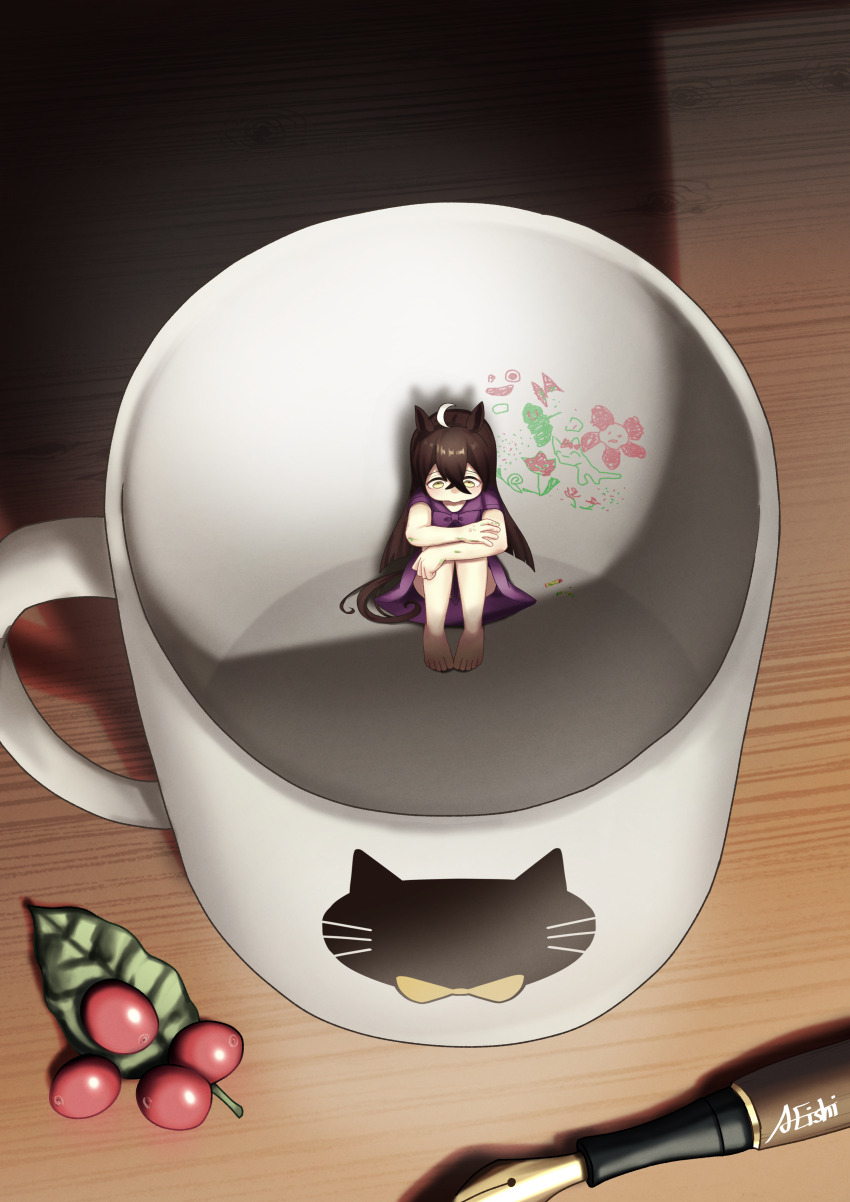 1girl a4_(a4_eishi) absurdres acorn ahoge animal_ears crayon crossed_bangs cup drawing_(object) dress hair_between_eyes highres horse_ears horse_girl horse_tail leaf long_bangs long_hair long_hair_between_eyes manhattan_cafe_(umamusume) mini_person minigirl mug multicolored_hair nib_pen_(object) pen purple_dress short_sleeves solo table tail umamusume very_long_hair white_hair wooden_table