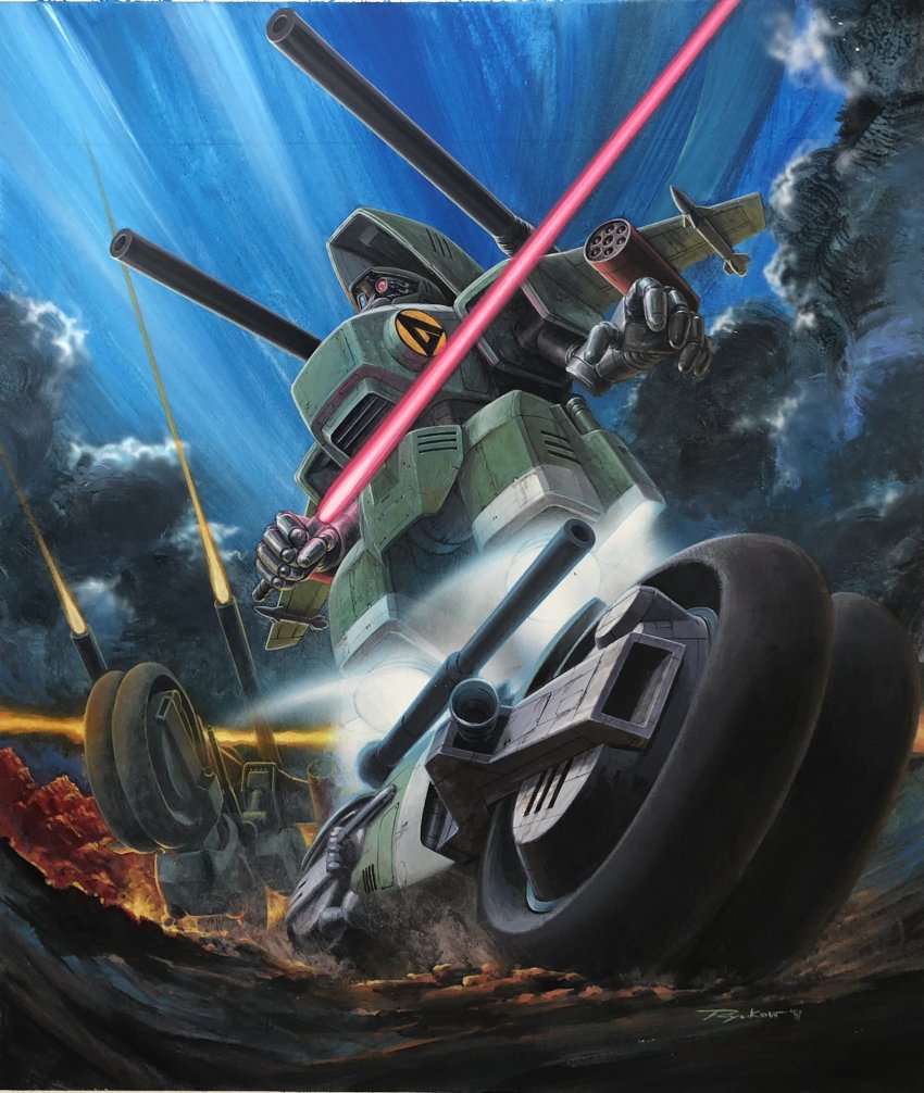 cloud dolla_(kikou_senki_dragonar) energy_sword ganzer highres holding holding_sword holding_weapon kikou_senki_dragonar mecha motor_vehicle motorcycle official_art open_hand robot ryukow_masseau science_fiction shoulder_cannon sky solo sword weapon
