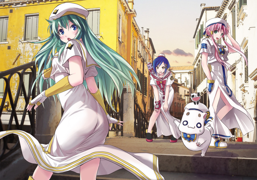 3girls aika_granzchesta alice_carroll aqua_hair aria_(manga) aria_company_uniform aria_pokoteng ass beret blue_bow blue_bowtie blue_eyes blue_gloves blue_hair blue_ribbon blush bow bowtie breasts bridge building cat dress eyelashes feet_out_of_frame fingerless_gloves gloves gold_trim green_eyes grey_sky hair_ornament hair_tubes hands_on_own_knees hat hat_ribbon highres hime_granzchesta himeya_company_uniform impossible_clothes impossible_dress knees_together_feet_apart leaning_forward long_hair looking_at_viewer mizunashi_akari multiple_girls necktie open_mouth orange_planet_uniform outdoors pink_hair pnhikaru president_maa red_bow red_bowtie red_footwear red_gloves ribbon sailor_collar short_hair_with_long_locks short_sleeves side_slit sidelocks single_glove sky small_breasts standing venice very_long_hair white_dress white_hat x_hair_ornament yellow_eyes yellow_necktie
