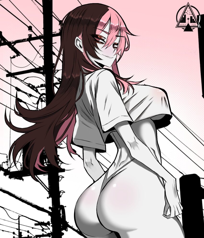 1girl arms_at_sides artist_logo ass ass_focus black_eyeshadow blush breasts brown_hair cowboy_shot cropped_shirt dizzle eyebrows eyelashes eyeshadow female_focus from_behind from_side greyscale grin half-closed_eyes highleg highleg_panties highres huge_ass large_breasts logo long_hair looking_at_viewer looking_back looking_down made_in_2024 makeup monochrome multicolored_hair naughty_face neopolitan_(rwby) outdoors panties parted_lips pink_eyes pink_hair rwby shirt short_sleeves sky smile solo split-color_hair standing t-shirt teeth two-tone_hair underboob underwear
