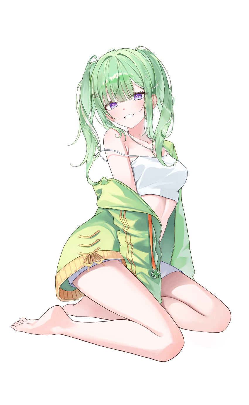 1girl absurdres barefoot between_legs camisole clover commentary crop_top four-leaf_clover full_body green_hair green_jacket grin hair_ornament hairclip hand_between_legs highres jacket jewelry linea_alba long_hair long_sleeves looking_at_viewer looking_to_the_side multicolored_hair necklace off_shoulder open_clothes open_jacket purple_eyes short_shorts shorts sidelocks simple_background sitting smile solo stellive strap_slip streaked_hair tsuyu_(yzxx7825) turning_head virtual_youtuber white_background white_camisole white_shorts wispy_bangs yuzuha_riko