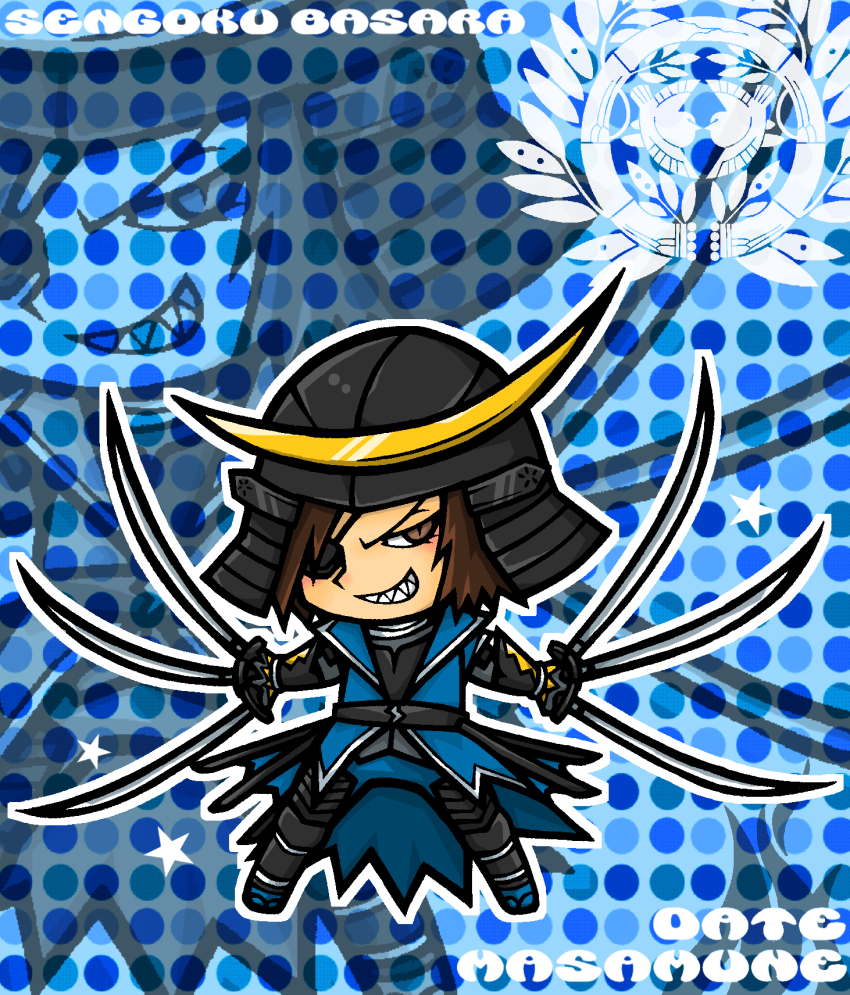 1boy armor blue_background brown_eyes brown_hair character_name chibi chibi_only copyright_name date_masamune_(sengoku_basara) eyepatch full_body grin hate0318 helmet highres holding holding_sword holding_weapon japanese_armor kabuto_(helmet) katana looking_at_viewer male_focus multiple_wielding outline polka_dot polka_dot_background sengoku_basara sharp_teeth short_hair slit_pupils smile solo standing sword teeth weapon white_outline zoom_layer