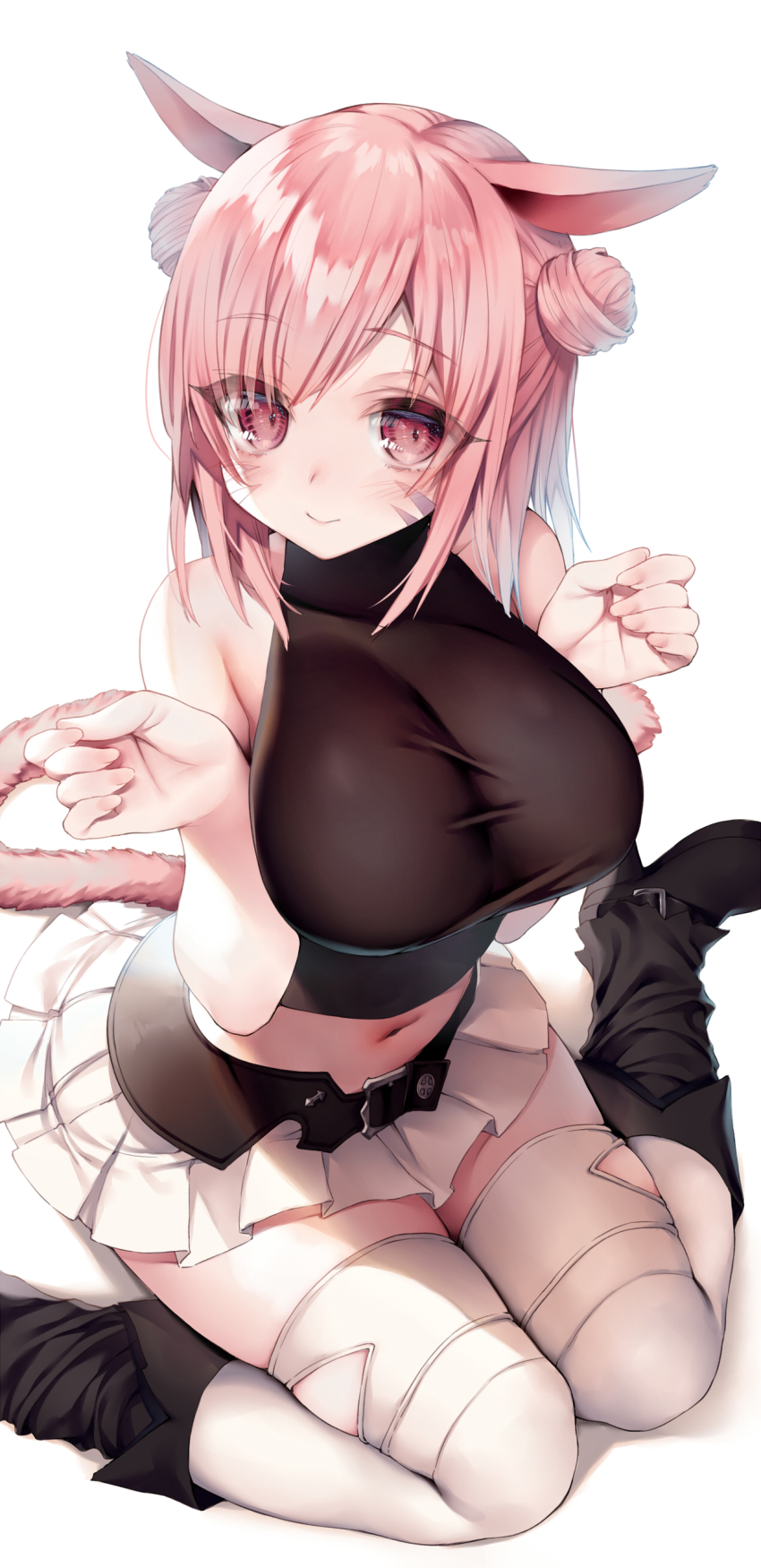 1girl absurdres animal_ears warrior_of_light_(ff14) bare_shoulders belt blush boots breasts cat_ears cat_tail cleavage double_bun final_fantasy final_fantasy_xiv hair_bun high_heel_boots high_heels highres hime_gyo large_breasts microskirt midriff miqo&#039;te navel pink_eyes pink_hair pleated_skirt skindentation skirt solo tail thighhighs