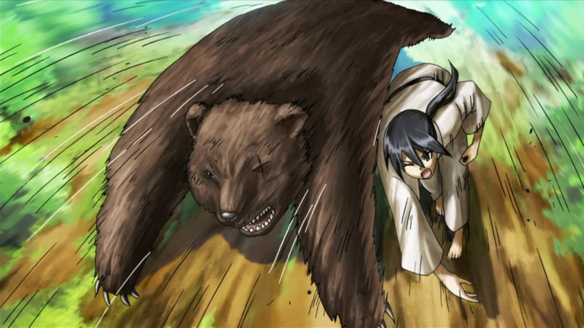 1girl animal bear belt black_belt black_hair dougi female_focus full_body grapple judo judo_throw judogi judoka long_hair martial_arts martial_arts_belt missing_eye mitsuba_mutsumi nature official_art outdoors screencap seitokai_yakuindomo solo throwing tossing
