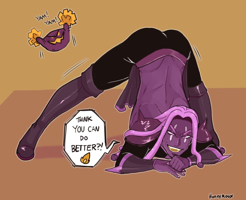 1boy armor back bara boots cookie_run dark_skin highres jack-o&#039;_challenge male_focus muscular pink_eyes pink_hair purple_yam_cookie solo_focus spread_legs top-down_bottom-up