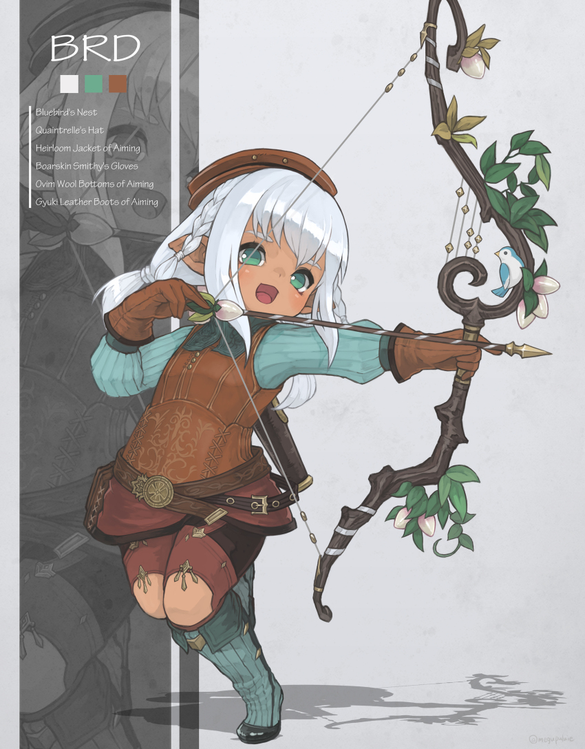 1girl arrow_(projectile) bard_(final_fantasy) belt beret blue_footwear blue_shirt boots bow_(weapon) braid brown_gloves brown_headwear brown_vest dark-skinned_female dark_skin english_text final_fantasy final_fantasy_xiv flat_chest full_body gloves green_eyes hat highres holding holding_bow_(weapon) holding_weapon knee_boots lalafell long_bangs looking_at_viewer medium_hair multiple_views open_mouth pointy_ears puluie red_shorts red_skirt shirt shorts simple_background skirt smile standing standing_on_one_leg twintails vest warrior_of_light_(ff14) weapon white_hair