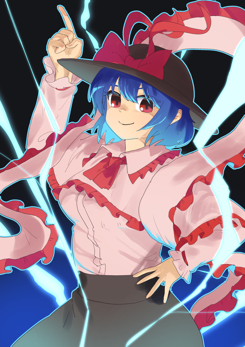 1girl absurdres black_background black_hat black_skirt blue_hair bow capelet closed_mouth commentary_request frilled_capelet frilled_shawl frills gradient_background hat hat_bow highres index_finger_raised leftame lightning long_sleeves looking_at_viewer nagae_iku pink_capelet pink_shirt red_bow red_eyes shawl shirt short_hair skirt smile solo touhou