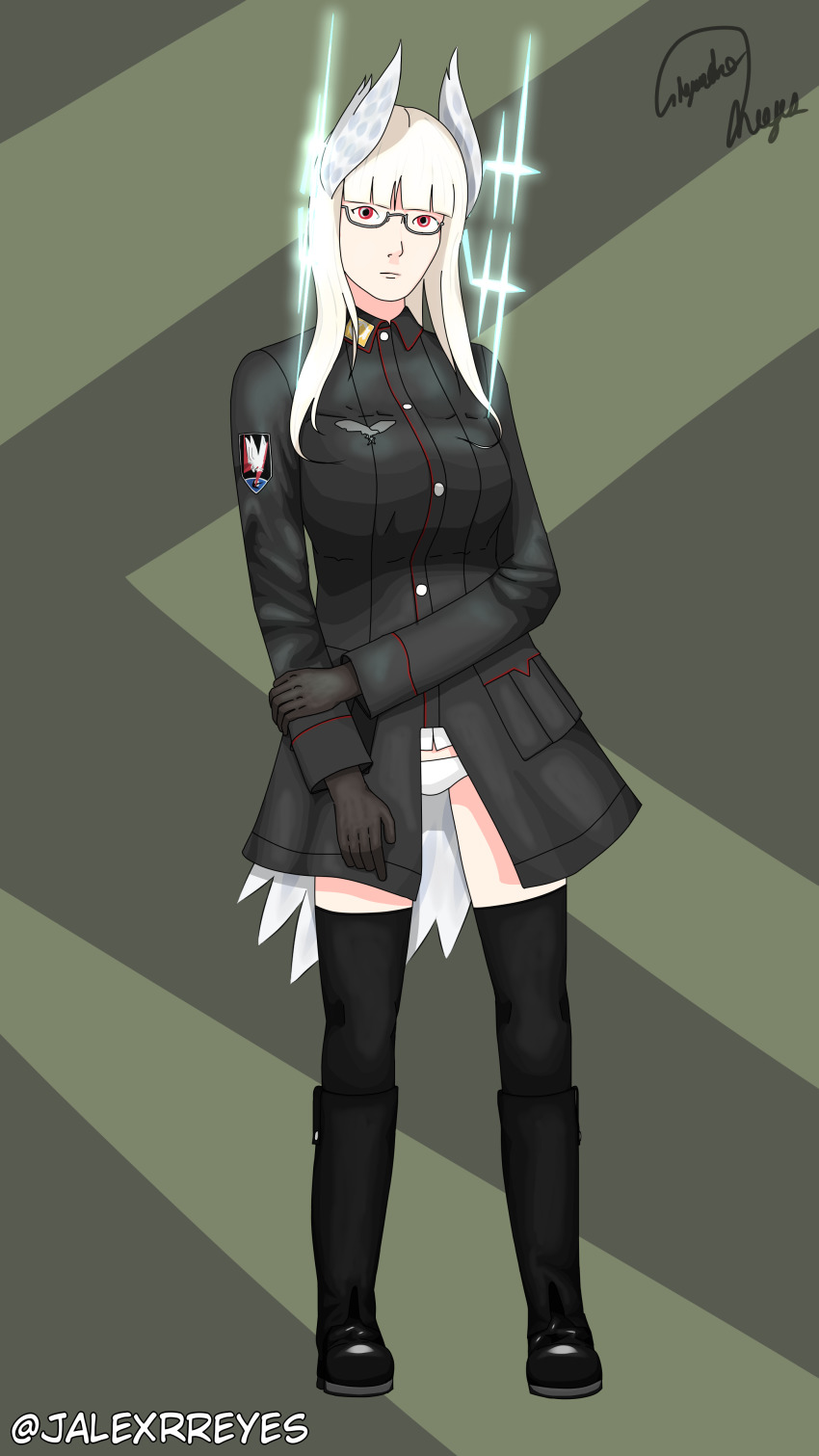 1girl absurdres alexrol05 bf_110 blonde_hair breasts closed_mouth commentary_request german_clothes germany gloves head_wings heidimarie_w._schnaufer highres karlsland large_breasts long_hair long_sleeves looking_at_viewer luftwaffe magic military military_uniform red_eyes simple_background solo standing strike_witches thighhighs white_hair wings witch world_witches_series