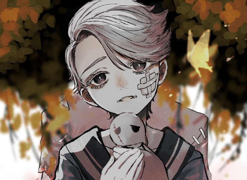 1boy aesop_carl aesop_carl_(&quot;blindspot&quot;) aged_down bandage_on_face bandages black_eyes blurry bug butterfly grey_hair higamiya87 identity_v insect looking_at_viewer male_focus solo stuffed_toy swept_bangs upper_body yellow_butterfly