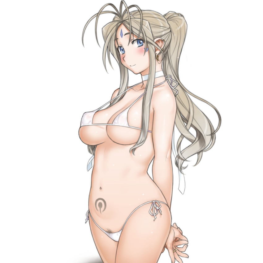 1girl aa_megami-sama absurdres antenna_hair belldandy bikini blue_eyes blush breasts brown_hair covered_erect_nipples earrings facial_mark female_focus female_pubic_hair forehead_mark highres jewelry kiriyama_taichi long_hair looking_at_viewer medium_breasts micro_bikini navel ponytail pubic_hair pubic_hair_peek ring side-tie_bikini_bottom simple_background smile solo swimsuit tattoo underboob white_bikini