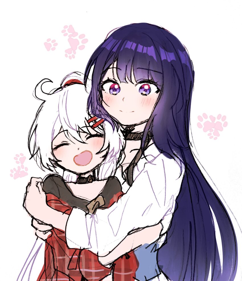 2girls 5rwpvc ahoge black_choker choker closed_eyes closed_mouth hair_between_eyes hair_ornament happy high_ponytail highres honkai_(series) honkai_impact_3rd hug kiana_kaslana long_hair multiple_girls open_mouth ponytail purple_eyes purple_hair raiden_mei red_shirt shirt simple_background smile white_background white_hair white_shirt