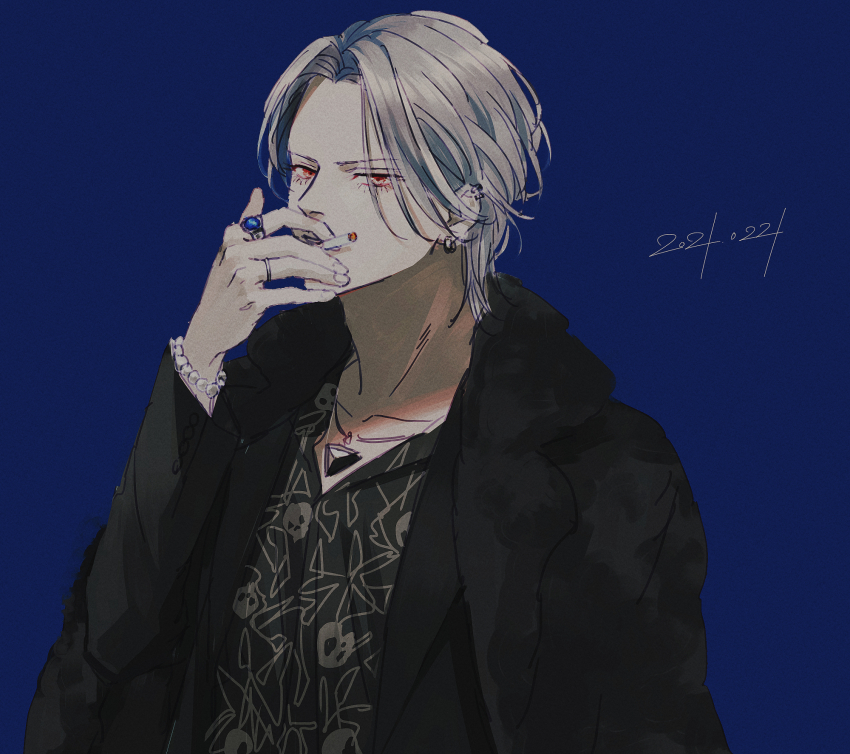 1boy aohitsugi_samatoki bead_bracelet beads black_coat blue_background bracelet cigarette coat dated earrings eyelashes grey_hair highres hypnosis_mic jewelry kurosujuu long_sleeves looking_at_viewer male_focus necklace ring short_hair skull_print smoking solo upper_body
