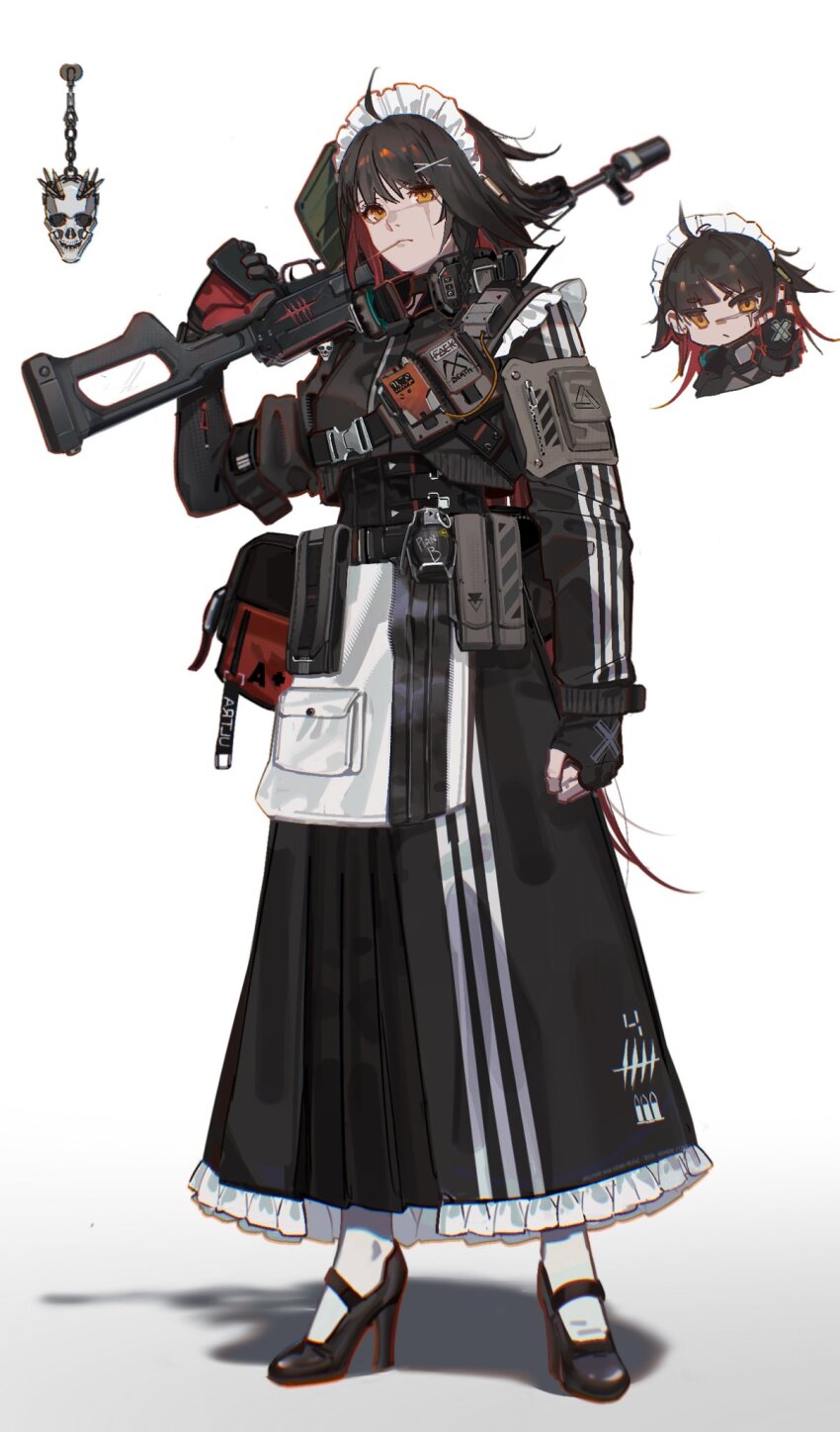 1girl adidas ammunition_pouch antenna_hair bandolier belt black_hair bullet chibi clenched_hand explosive fingerless_gloves gloves grenade gun high_heels highres machine_gun maid maid_headdress multicolored_hair muzzle_device nilzynox orange_eyes original over_shoulder pkp_pecheneg pouch red_hair simple_background skull socks solo tally toothpick walkie-talkie weapon weapon_over_shoulder white_background white_socks