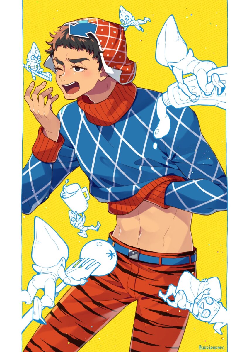1boy argyle_clothes argyle_sweater belt black_eyes black_hair blue_shirt blue_sweater clothes_lift guido_mista hat highres jojo_no_kimyou_na_bouken long_sleeves male_focus midriff navel open_clothes open_shirt pants red_hat red_pants shirt shirt_lift short_hair solo stomach sweater uppi vento_aureo