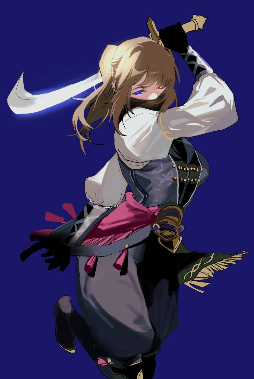 1girl absurdres adventurer_(ff11) arm_up black_boots blue_background blue_eyes blue_mage_(final_fantasy) blue_vest boots breasts final_fantasy final_fantasy_xi highres holding holding_sword holding_weapon hume juliet_sleeves knee_boots leg_up light_brown_hair long_sleeves mask medium_breasts mouth_mask pants ponytail puffy_pants puffy_sleeves purple_pants sidelocks simple_background solo sword tassel vest weapon wefightasone_1