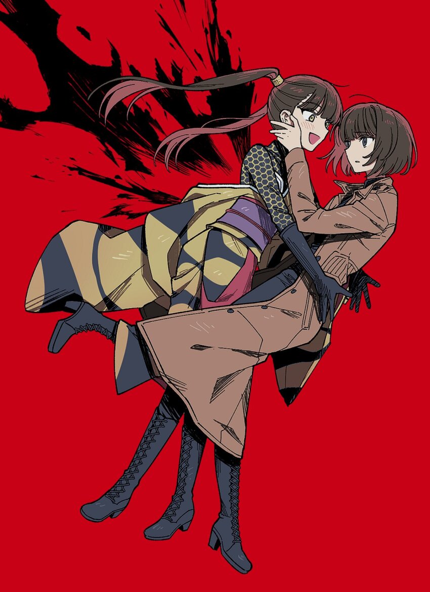 1girl 2girls brown_hair coat full_body gloves hachi_augment_01 highres hiromi_(shin) honeycomb_(pattern) honeycomb_print japanese_clothes kamen_rider kimono m4k3inu midorikawa_ruriko multiple_girls red_background shin_kamen_rider shocker_(kamen_rider) short_hair tokusatsu yellow_eyes yellow_kimono