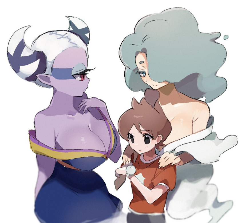 1boy 2girls amano_keita aqua_eyes aqua_hair bare_shoulders black_eyes breasts brown_hair cleavage colored_skin cyclops en&#039;enra enraenra_(youkai_watch) fuumin_(youkai_watch) hair_horns hair_over_one_eye hands_on_another&#039;s_shoulders japanese_clothes kimono kmnk_(kumanuko) large_breasts long_hair monster_girl multiple_girls off_shoulder one-eyed pointy_ears purple_skin red_shirt shirt simple_background traditional_youkai watch white_background white_hair wristwatch youkai_(youkai_watch) youkai_watch youkai_watch_(object)