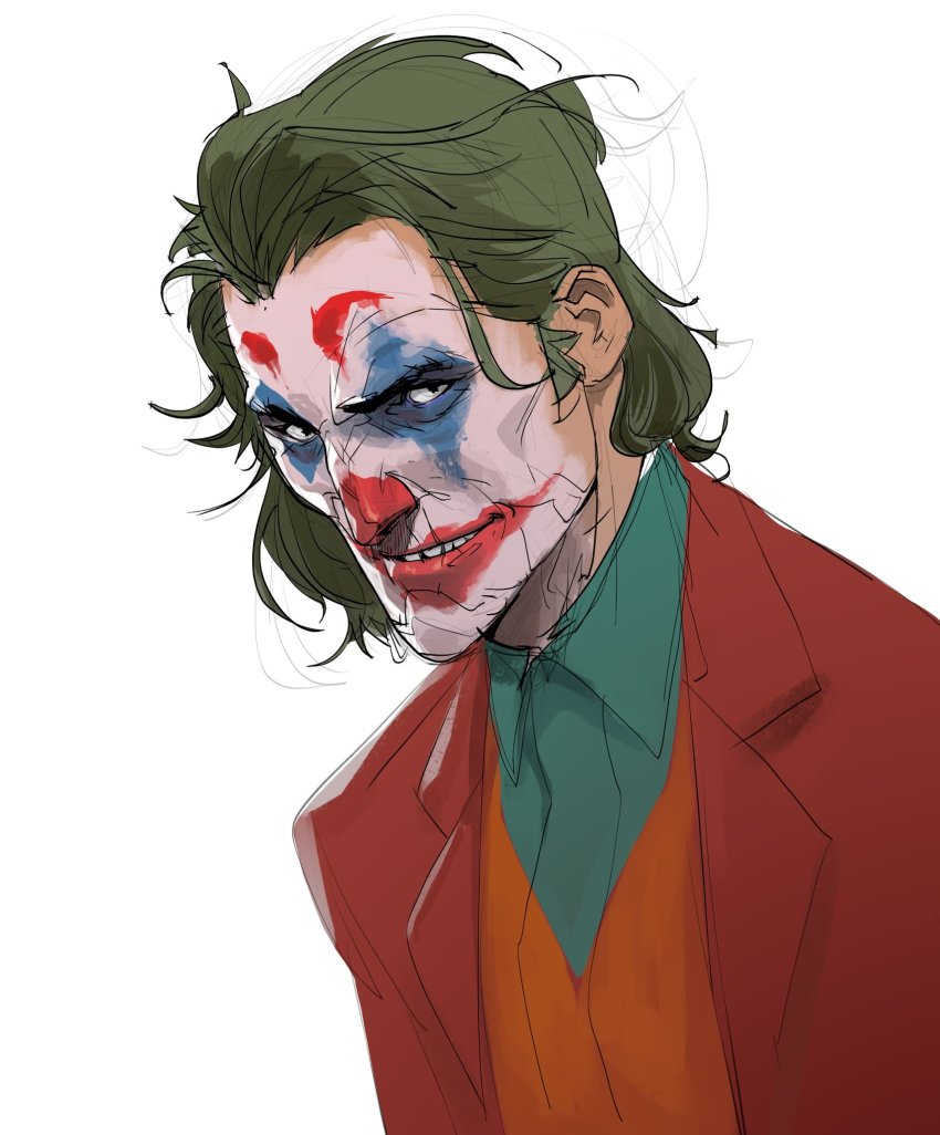 1boy arthur_fleck batman_(series) clown collared_shirt facepaint formal_clothes green_hair green_shirt grey_background hicham_habchi highres jacket joker_(2019) looking_at_viewer male_focus messy_hair orange_vest red_jacket red_suit shirt short_hair simple_background solo suit teeth the_joker upper_body vest white_background
