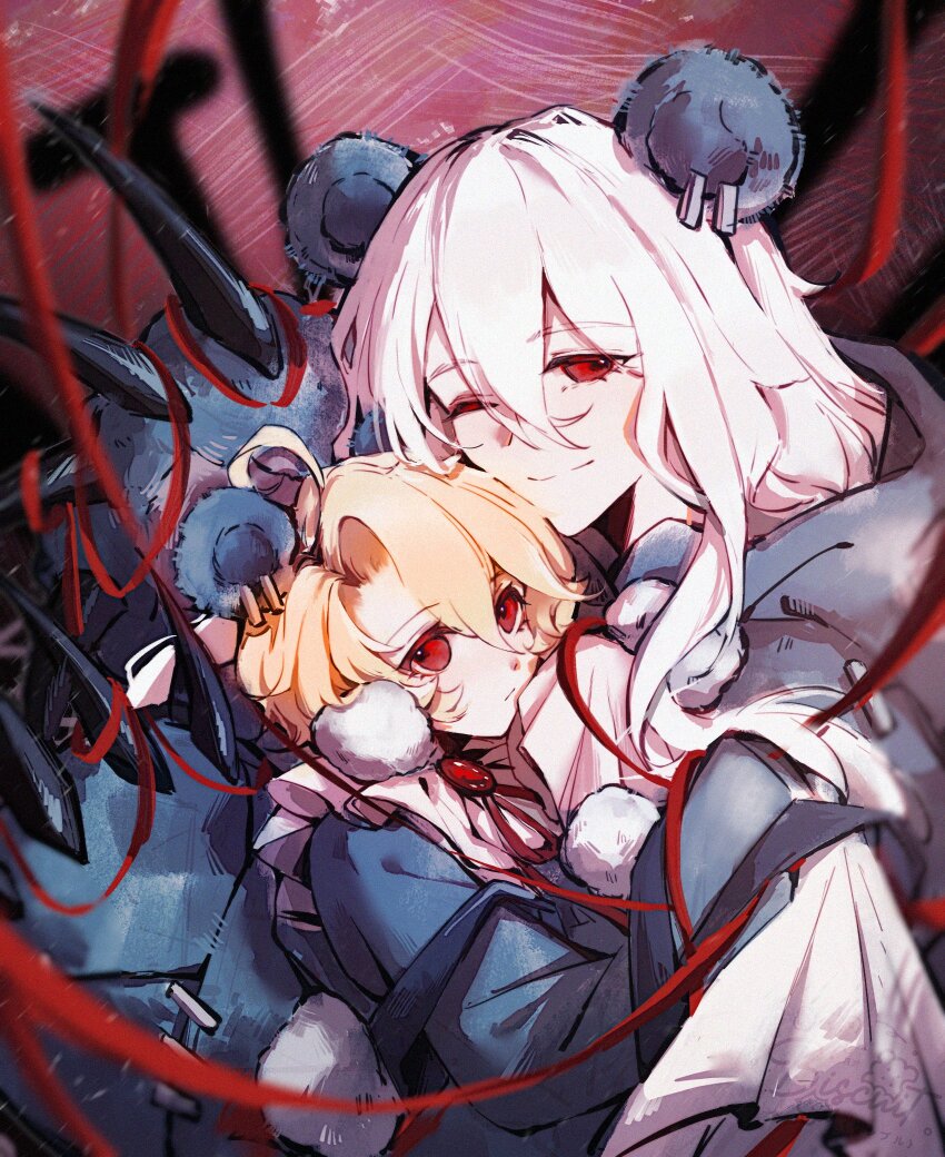1boy 1girl animal_ears bear_claws bear_ears blonde_hair claws don_quixote_(project_moon) dress e.g.o_(project_moon) grey_dress grey_jacket hex_nail_(e.g.o) highres hood hooded_jacket hug jacket kinala6490098 la_manchaland&#039;s_don_quixote_(project_moon) limbus_company long_hair looking_at_viewer one_eye_closed paw_sleeves project_moon red_background red_brooch red_eyes red_ribbon ribbon sancho_(project_moon) short_hair simple_background upper_body white_hair