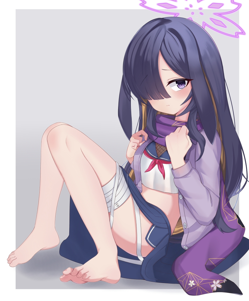 1girl absurdres barefoot black_hair blue_archive blush feet hair_over_one_eye highres long_hair looking_at_viewer purple_eyes renyu_zhanshi school_uniform serafuku soles toes tsukuyo_(blue_archive)