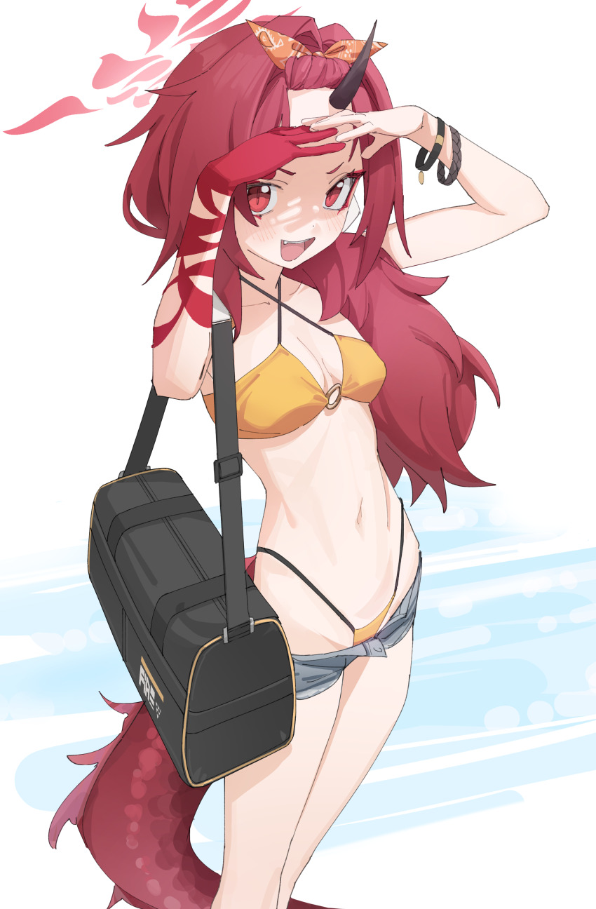 1girl absurdres bag bare_shoulders bikini blue_archive blue_shorts bracelet breasts denim denim_shorts dragon_tail duffel_bag eyeliner hair_pulled_back hairband halo highleg highleg_bikini highres horns jewelry long_hair looking_at_viewer makeup micro_shorts navel official_alternate_costume open_mouth orange_bikini red_eyes red_hair renge_(blue_archive) renge_(swimsuit)_(blue_archive) ri-el shorts single_horn small_breasts smile solo stomach swimsuit tail thighs