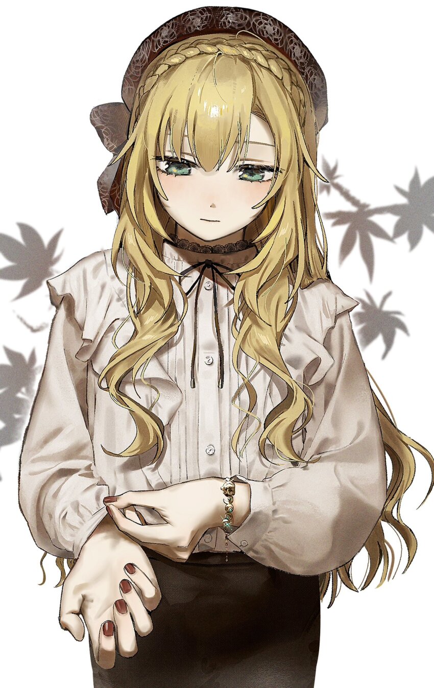 1boy adjusting_clothes alternate_costume blonde_hair blush bracelet brown_nails closed_mouth commentary_request crossdressing green_eyes hair_between_eyes hat highres jewelry leaf long_hair long_sleeves male_focus nail_polish ni_22 nijisanji shirt simple_background solo trap uzuki_kou virtual_youtuber white_background