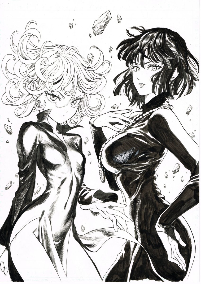2girls absurdres bob_cut breasts closed_mouth covered_navel cowboy_shot debris dress floating_clothes floating_hair fubuki_(one-punch_man) greyscale hair_between_eyes highres impossible_clothes jewelry long_sleeves looking_at_viewer medium_breasts monochrome multiple_girls murata_yuusuke necklace no_panties official_art one-punch_man pearl_necklace pelvic_curtain short_hair siblings sisters small_breasts tatsumaki telekinesis traditional_media