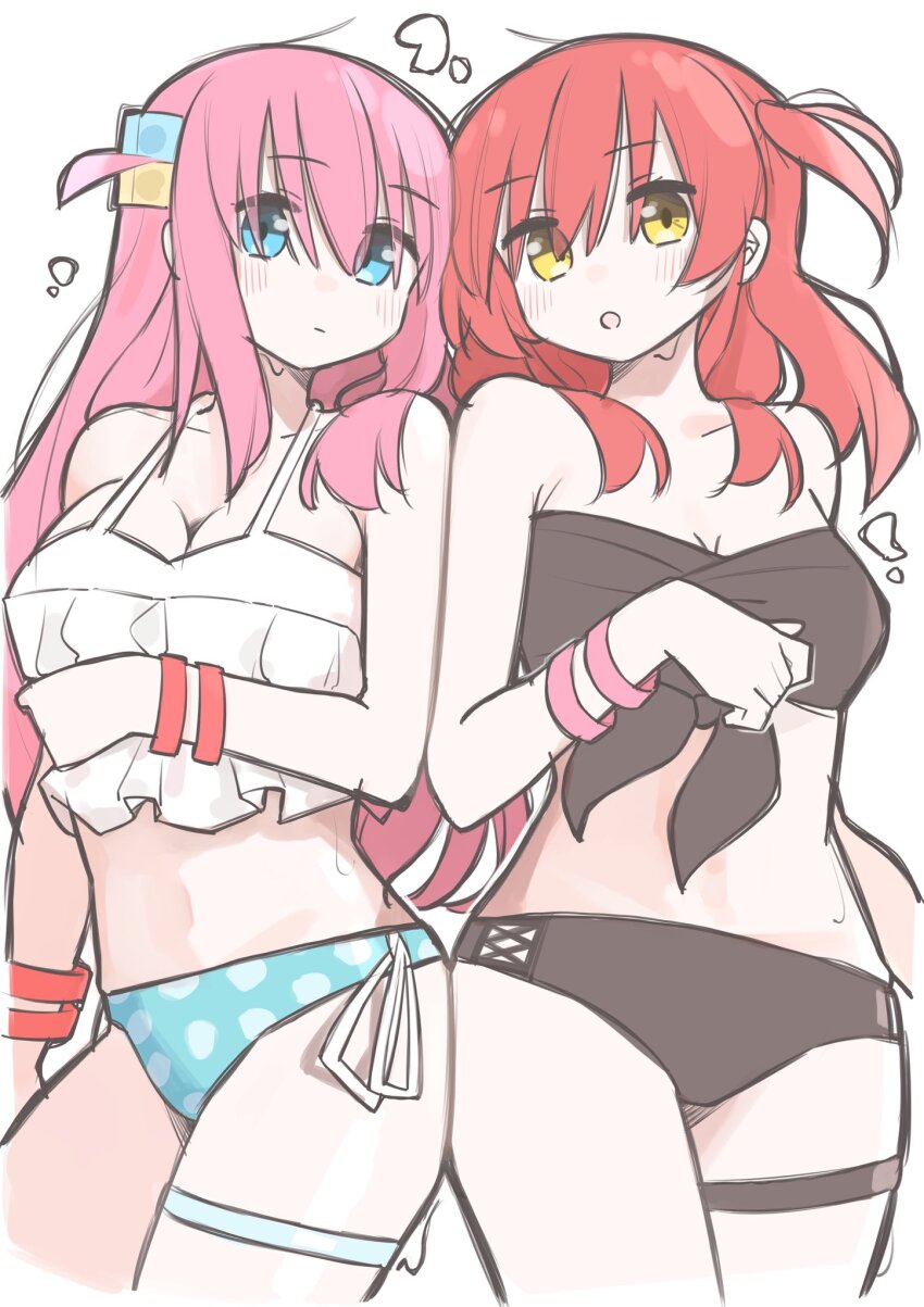 2girls black_bra black_panties blue_panties bocchi_the_rock! bra bracelet breasts cube_hair_ornament gotoh_hitori hair_ornament highres jewelry kita_ikuyo long_hair medium_breasts midriff multiple_girls panties pink_hair red_hair thigh_strap underwear