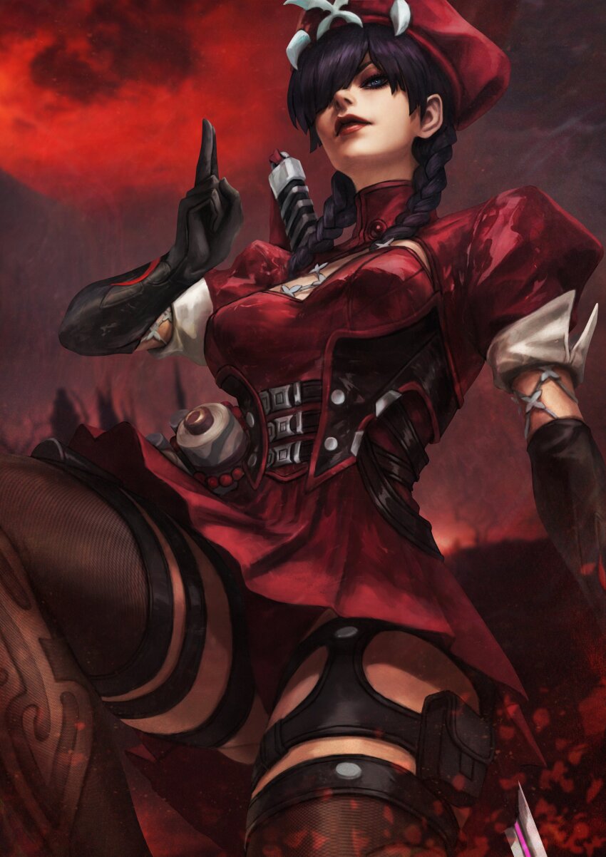1girl absurdres black_gloves black_hair blue_eyes braid breasts bug butterfly dress elbow_gloves gloves hair_over_one_eye hat highres insect large_breasts long_hair looking_at_viewer marvel marvel_rivals monori_rogue moon official_alternate_costume panties psylocke psylocke_(blood_kariudo) red_dress red_hat short_sleeves skirt smile solo thighhighs twin_braids underwear x-men